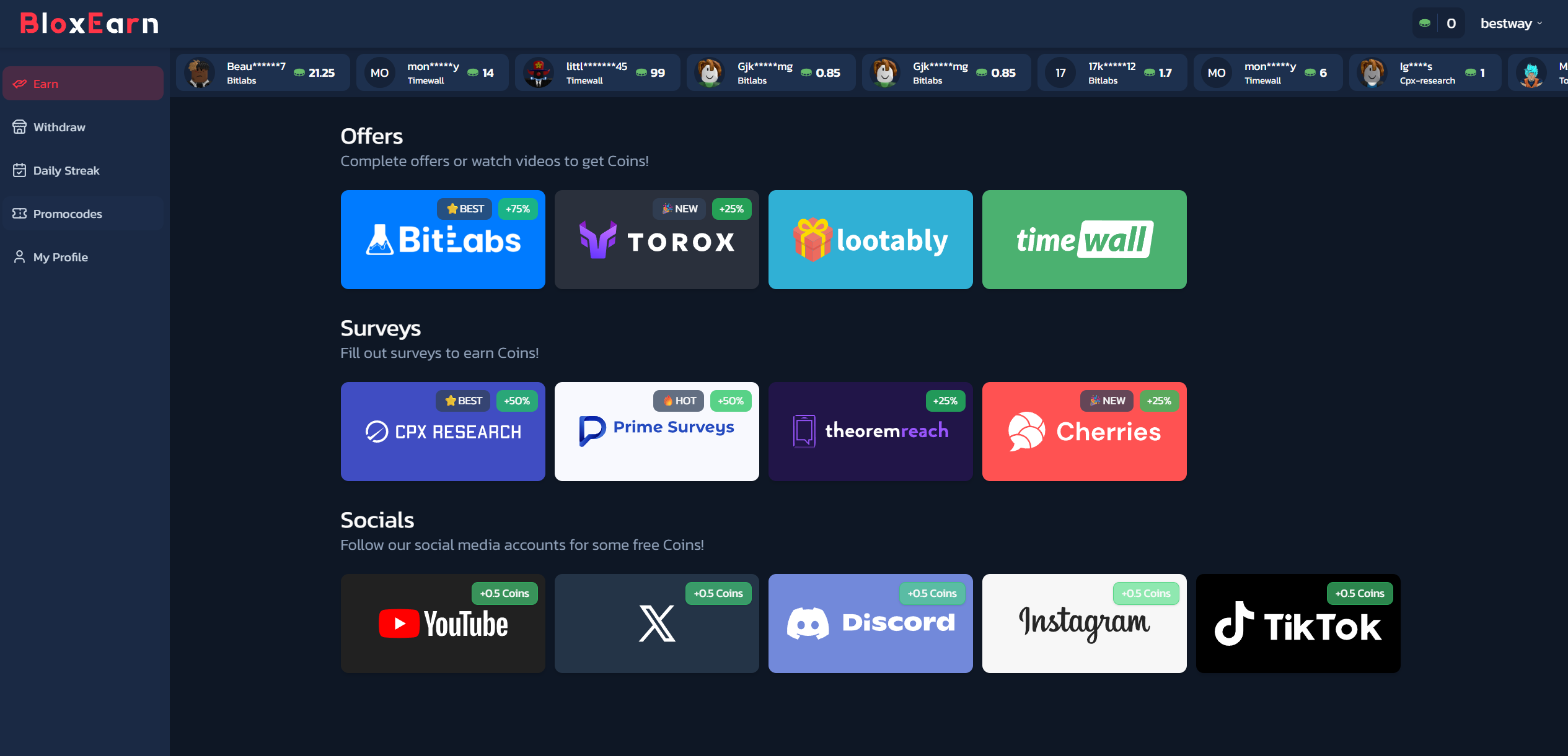 BloxEarn website screenshot